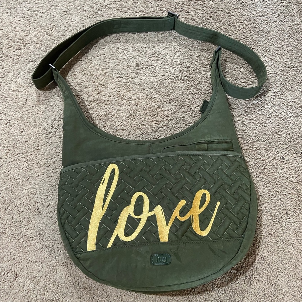 Lug Canopy Green/Gold Embroidery Love Quilted Crossbody Shoulder Bag Nylon RFID